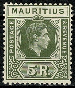 MAURITIUS 1938-49 KG VI 5R OLIVE-GREEN UNUSED (MH) SG 262 Wmk.MSCA VGC