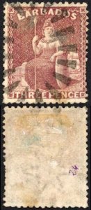 Barbados SG63 3d Brown-purple Wmk Small Star Sideways Perf 14 Cat 130 pounds