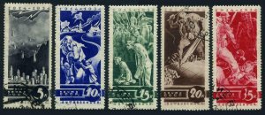 Russia 546-550,CTO.Anti-war propaganda,1934.Bombing,Refugees,Plowing,Comradeship