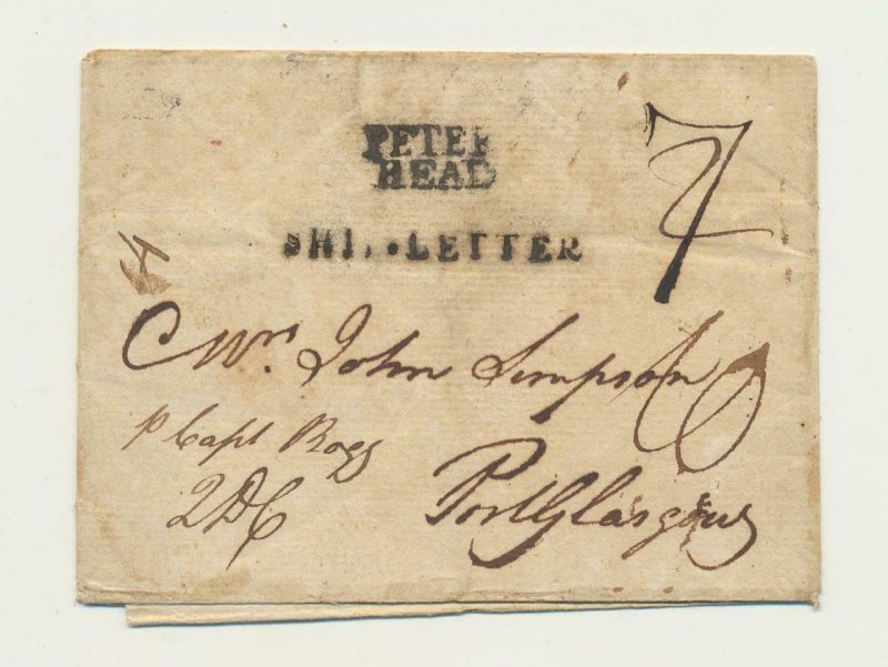 PETERHEAD SCOTLAND EARLY SHIPS LETTER, RARE EARLY COVER, 7 MK+RED H/S