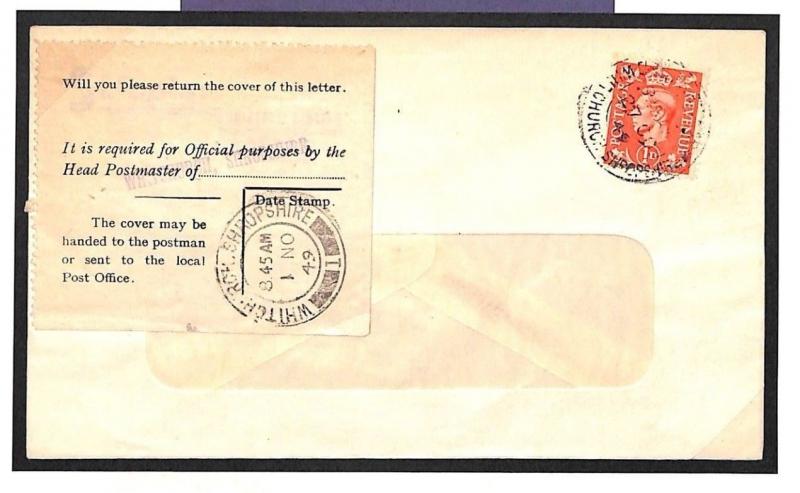 GB SALOP INTERRUPTED  1949 *Whitchurch* Cover GPO OFFICIAL ENQUIRY Label MS3522