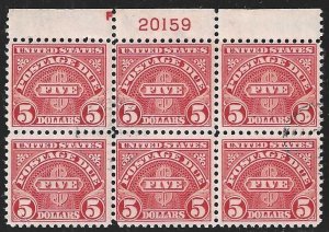 U.S., Scott #J78, $5.00 Plate Block of 6, Used, Unpriced in Scott