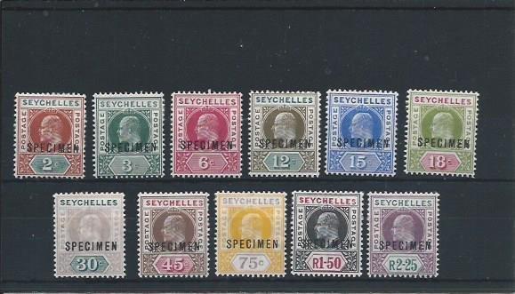 SEYCHELLES 1903 SET OF ELEVEN OVERPRINTED SPECIMEN 2r 25 DENTED FRAME MM