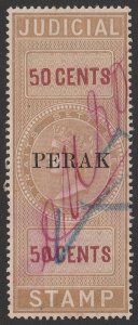 MALAYA - Perak ca1884 'PERAK' on QV Judicial 50c revenue, seriffed.