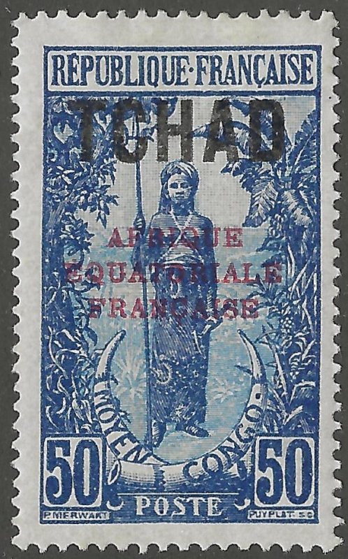 Chad, Scott#36,  mint, hinged, 50, warrior, overprint, red,