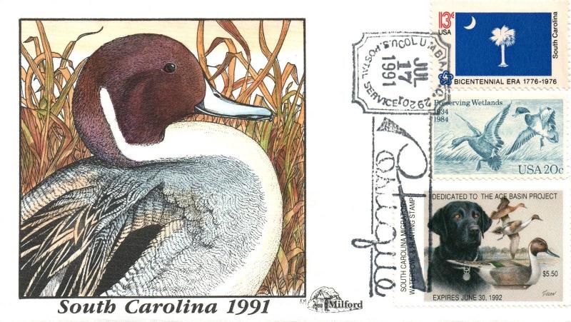 1991 Columbia South Carolina USA Duck Stamp Milford Hand Painted First Day Cover
