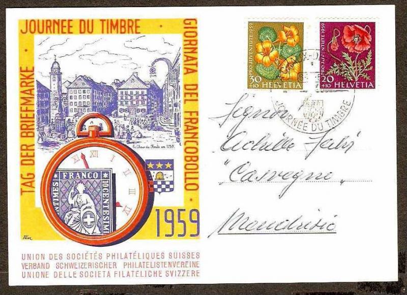 SWITZERLAND 1959 STAMP ON CARD, STAMP EXHIBITION, FLOWERS, WATCH TOWER SPECIA...