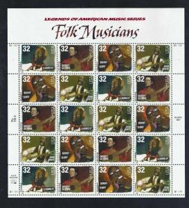 U.S. SCOTT #3212 - 3215   -  FOLK MUSICIANS   -   MINT NEVER HINGED SHEET