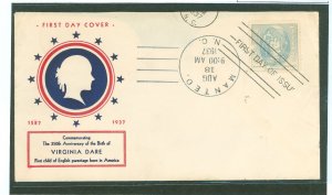 US 796 1937 5c Virginia Dare (single) on an unaddressed FDC with a cachet from an Unknown Publisher (Varieties of Manteo, NC can