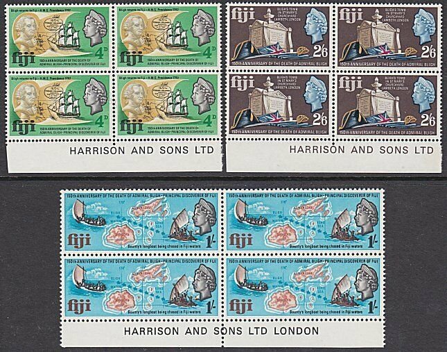 FIJI 1967 Capt Bligh set imprint blocks of 4 MNH............................B131