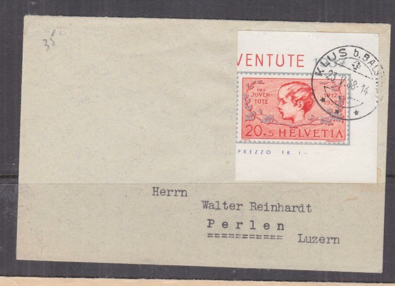 SWITZERLAND,1937 Pro Juventute imperf. pair from Souvenir Sheet, separate covers