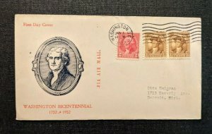 1932 Washington DC FDC 706 7 Cover to Detroit Michigan