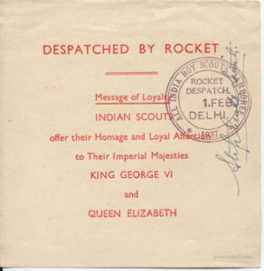 1937 All India Boy Scouts Jamboree Message of Loyalty carried by rocket