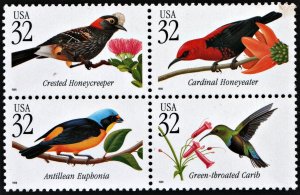 SC#3222-25 32¢ Tropical Birds Block of Four (1998) MNH