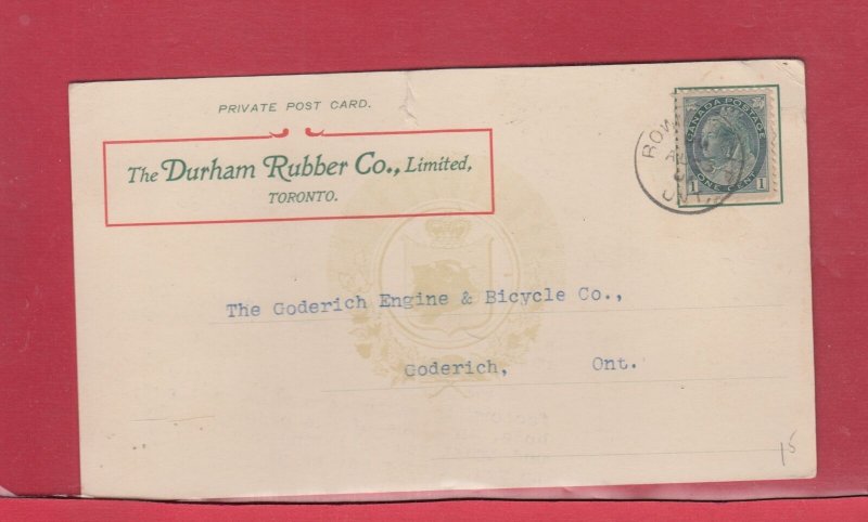 Durham Rubber co. illustrated on front w/Goderich Squared circle 1901 Canada pc