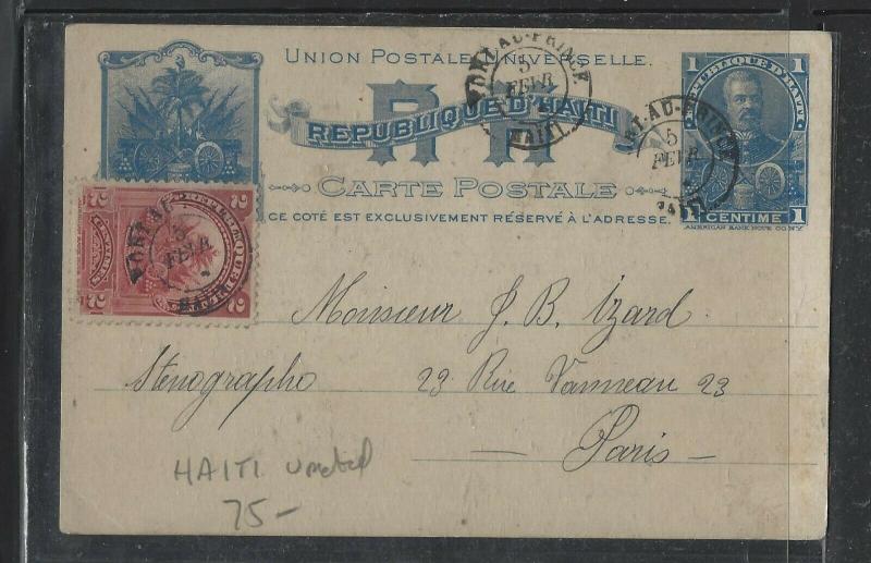 HAITI  (PP1104B)   1902   1C PSC UPRATED 2C  TO FRANCE