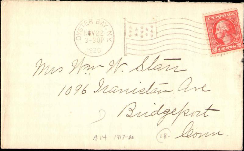 NEW YORK OYSTER BAY 1920 NOV 22  FLAG CANCEL