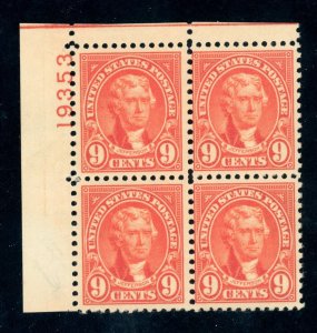 US Stamp #641 Jefferson 9c - Plate Block of 4 - MNH - CV $17.50