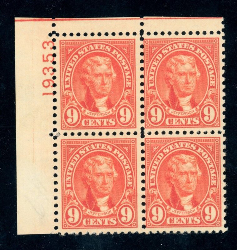 US Stamp #641 Jefferson 9c - Plate Block of 4 - MNH - CV $17.50