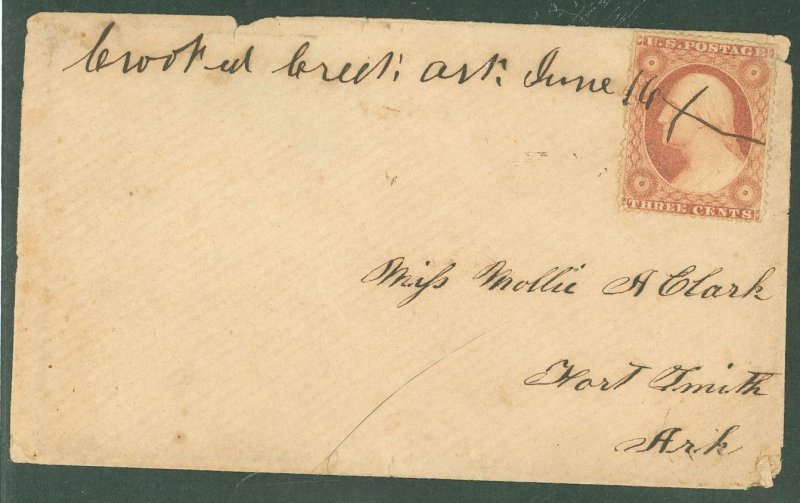 US  Crooked Creek Arkansas 16 Jun 185x to Fort Smith, Arkansas.  Manuscript town and date tie Scott #26.  Only reported cover fr