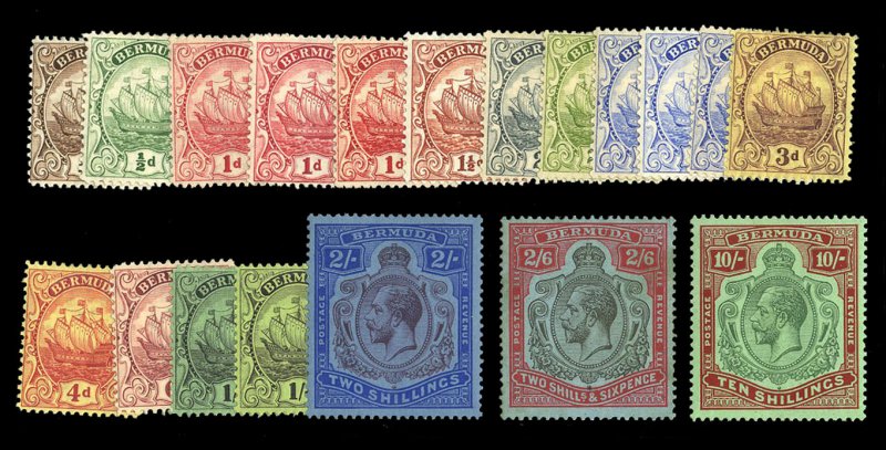 Bermuda #81-96 Cat$407.80, 1922-34 George V, 1/4p-10sh, with few additional s...