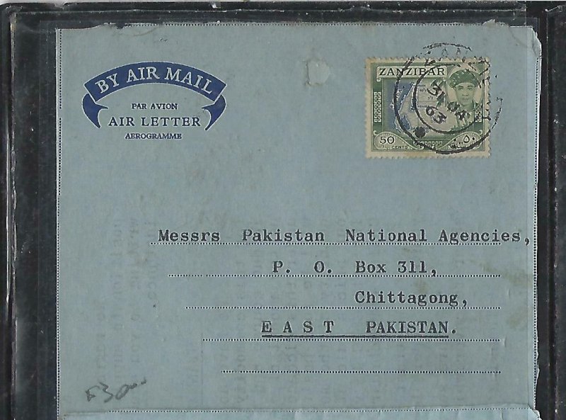 ZANZIBAR  (PP2608B)  1963  SULTAN 50C ON FORMULA AEROGRAM TO PAKISTAN