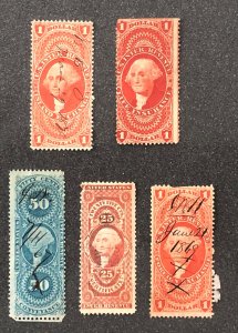 US stamps intern revenues 5 stamps R68, R69C, R71C, R44, R54D 1 mint NG, 4 used