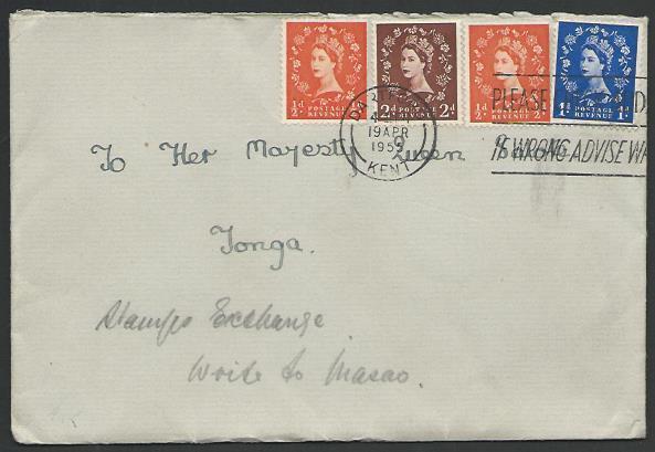 GB TO TONGA 1955 cover to Queen Salote.....................................83591
