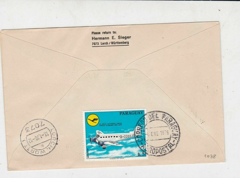 Paraguay 1976 Expres Flight Airmail 50th Ann Lufthansa Stamps Cover Ref 29405