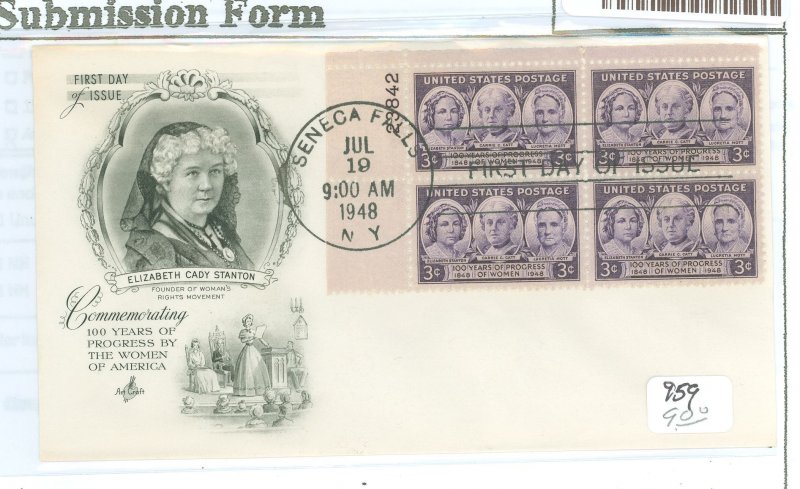 US 959 1948 FDC Plateblock of 4, UL #23842