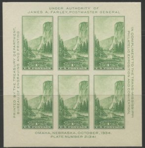 US Sc#751 1934 1c Trans-Mississippi Expo Souvenir Sheet of Six OG Mint NH