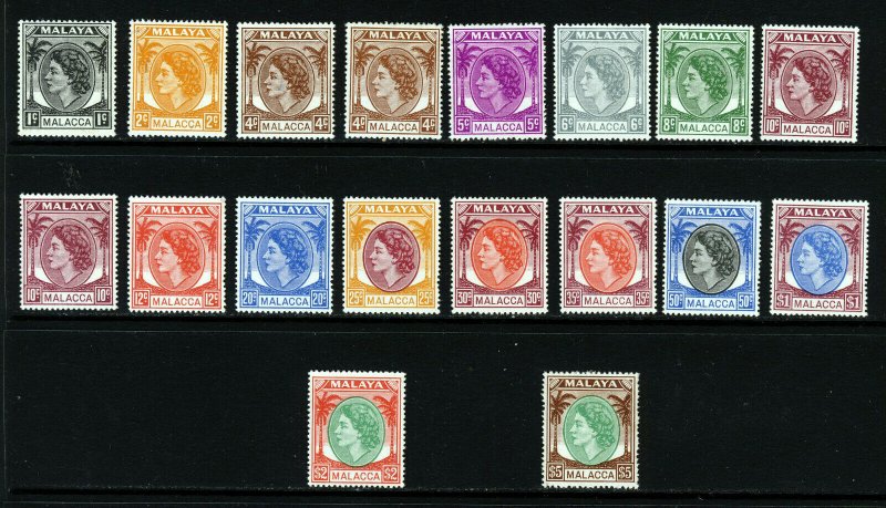 MALACCA MALAYSIA QE II 1954-57 The Complete Set + Shades SG 23 to SG 38 MINT