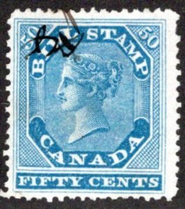 van Dam FB14, 50c blue, Used, small MS cancel, 1864 Canada First Bill Issue