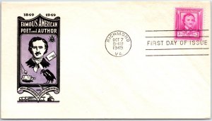 US FIRST DAY COVER EDGAR ALLEN POE FAMOUS AMERICAN POET IOOR CACHET 1949