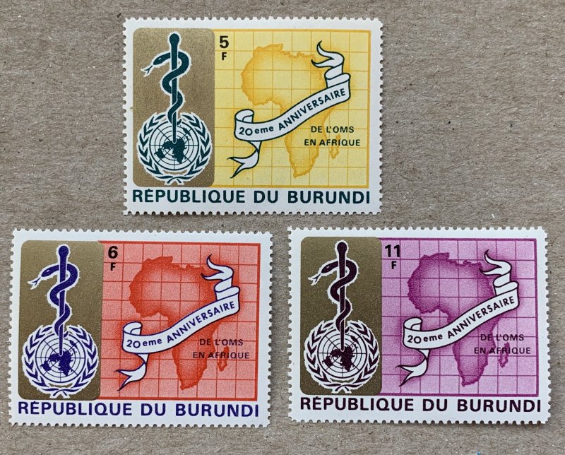 Burundi 1969 WHO.  MNH but light toning. Scott 269-271, CV $1.10. Health