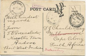 1910 NICOLLS TOWN ANDROS ISLAND cds on Bahamas postcard to South Africa.