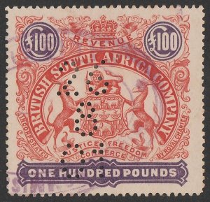 RHODESIA 1897 Arms Revenue £100 vermilion & violet, perf 15.