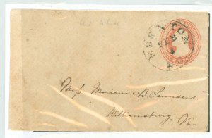 US U2 1853 3c George Washington on buff (diagonally laid paper) postmarked Edenton, NC Feb 3 to Williamsburg, VA entire (Early