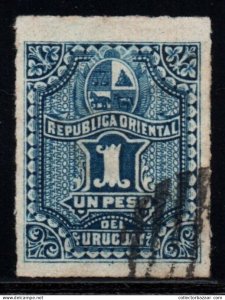 1877 Uruguay 1 Peso used Gem 4 margins Coat of Arms flag sun horse