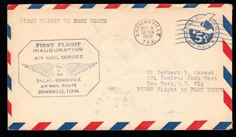 #UC1 First Flight Cover from Brownsville Texas Mar. 9, 1929 