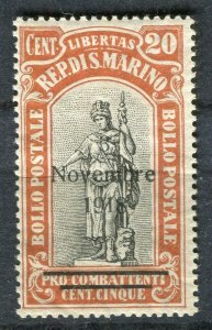 SAN MARINO; 1918 early Liberty NOVEMBRE Optd issue Mint hinged 20c. value