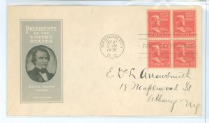 US 822 1938 17c Andrew Johnson (part of the Presidential/Prexy Series) block of four on an addressed FDC