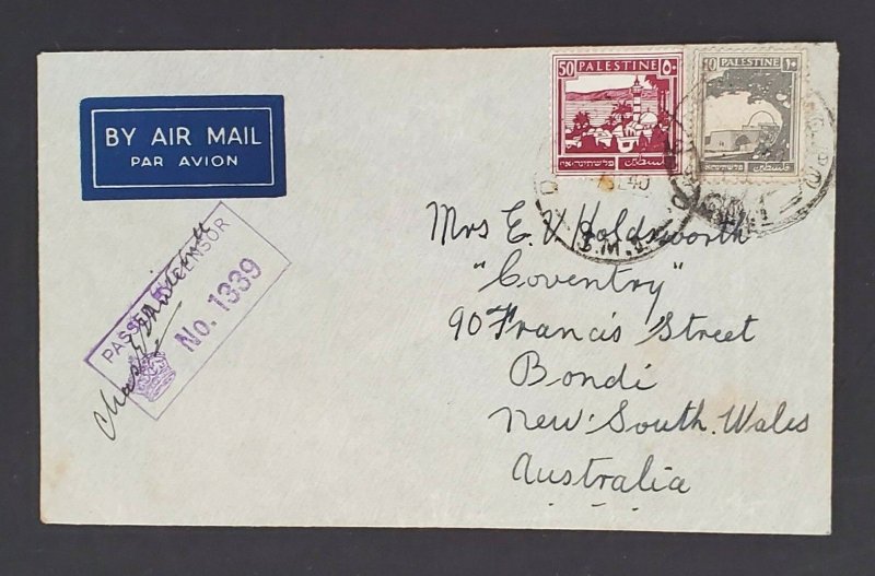 1940 Palestine Australian Army DIV Supply H.Q.P.O. 5.M.I Censored Airmail Cover