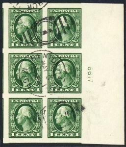 408, Used 1¢ XF Right Side Plate Block of Six Stamps * Stuart Katz