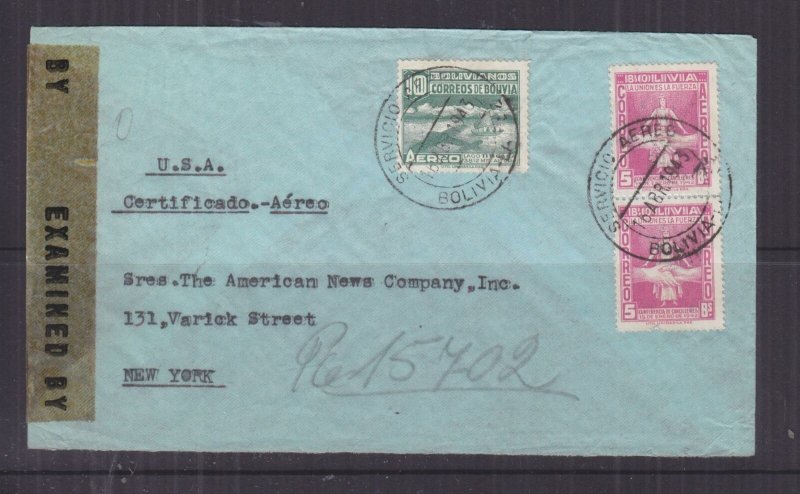 BOLIVIA, 1943 Registered Airmail Censored cover, La Paz to USA, 5b.(2), 10b.