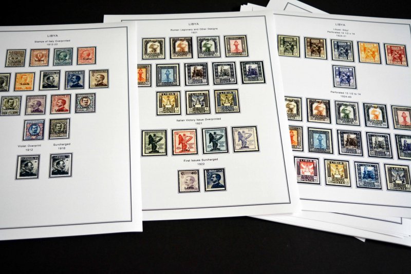 COLOR PRINTED ITALIAN LIBYA 1912-1942 STAMP ALBUM PAGES (24 illustrated pages)