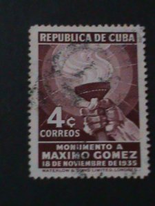 ​CUBA-SC#334 TORCH-MAXIMO GOMAZ BIRTH CENTENARY USED VF-88-YEARS OLD STAMP