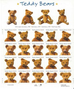 Scott 3653-3656 Teddy Bears Mint Not Hinged Pane of Twenty .37 Cent Stamps