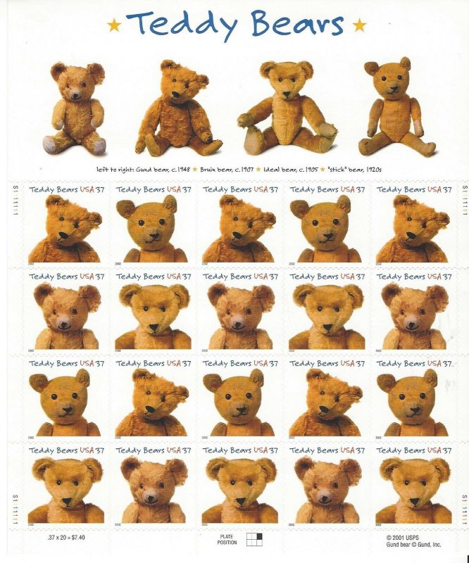 Scott 3653-3656 Teddy Bears Mint Not Hinged Pane of Twenty .37 Cent Stamps