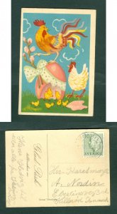 Sweden 1954. Easter Card 10 Ore King With Danish Cancel. Rooster, Hen, Egg. Adr.